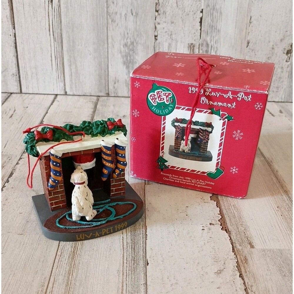 Vtg 1999 LUV-A-PET Dog & Fireplace Christmas Ornament Holiday Collection